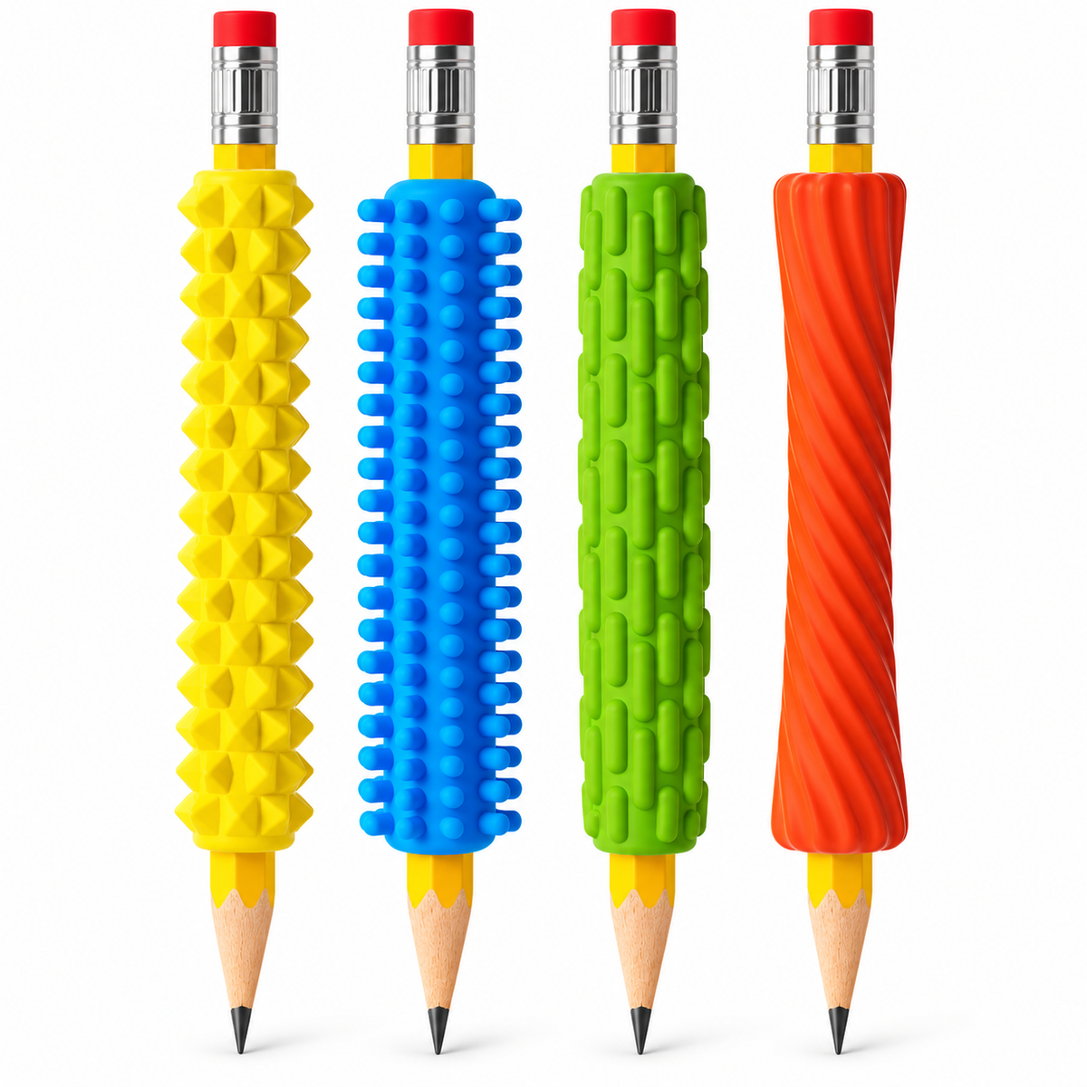 Four textured pencil grips in yellow, blue, green and red on pencils, white background
