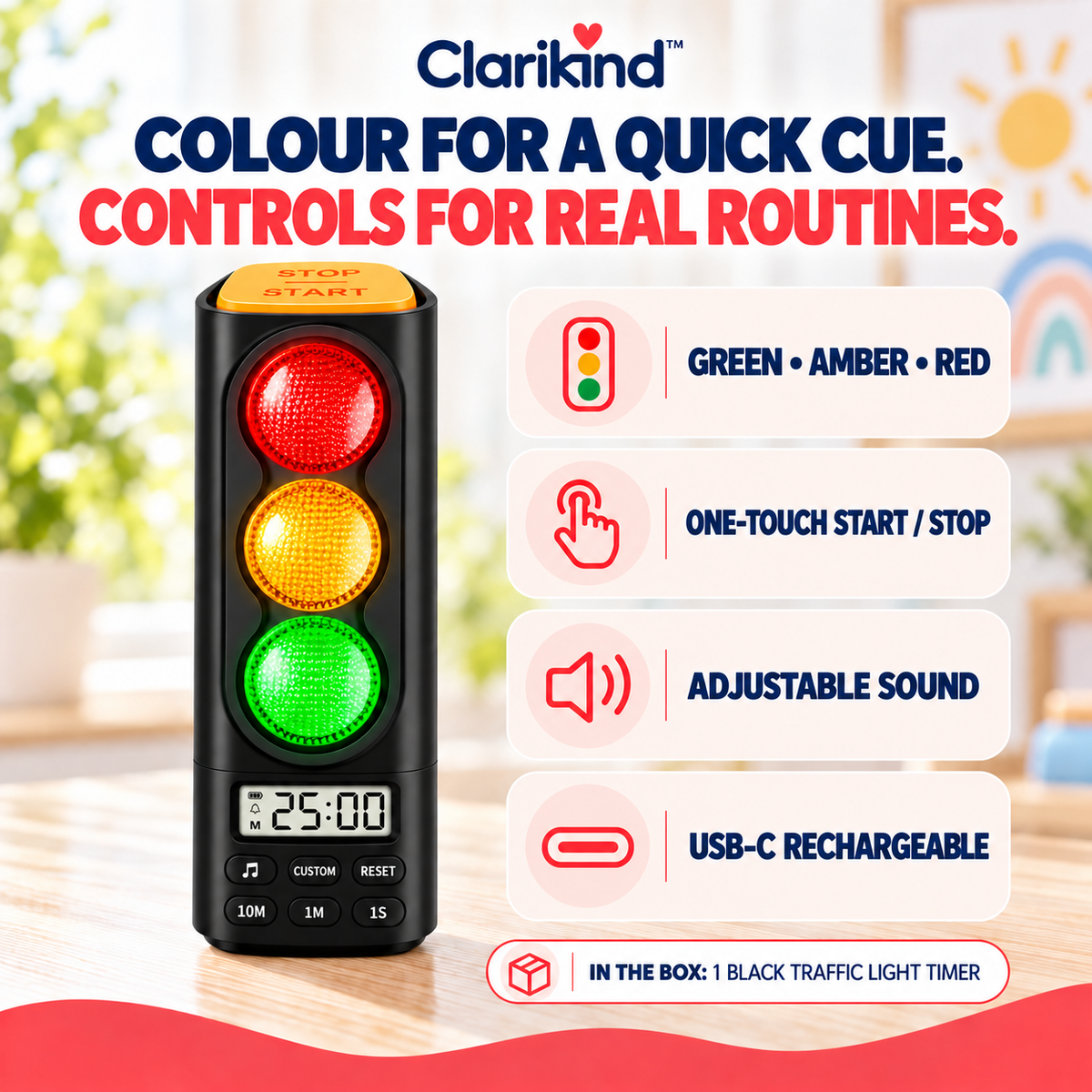 Clarikind traffic light timer with colour signals, one-touch start and stop, adjustable sound and USB-C charging