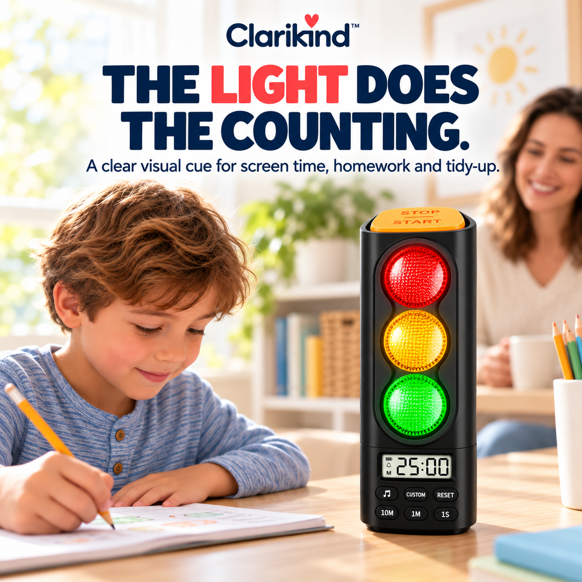 Child using the Clarikind traffic light countdown timer during homework, with a clear visual time cue