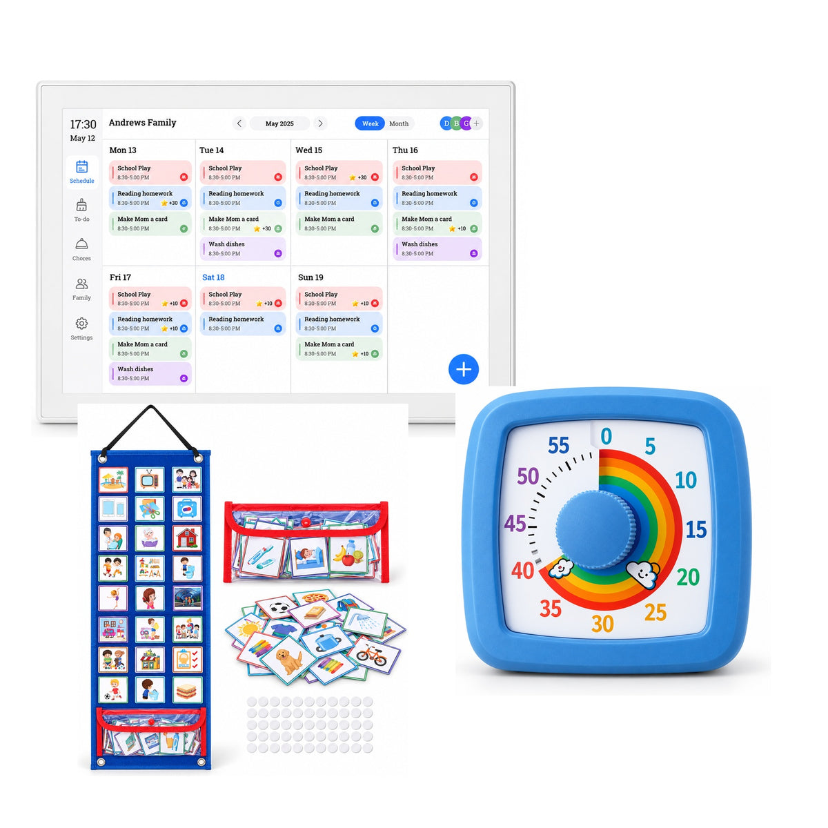 Clarikind Transitions Made Clear System with CALM-R Hub Visual Timer and Visual Board on white background