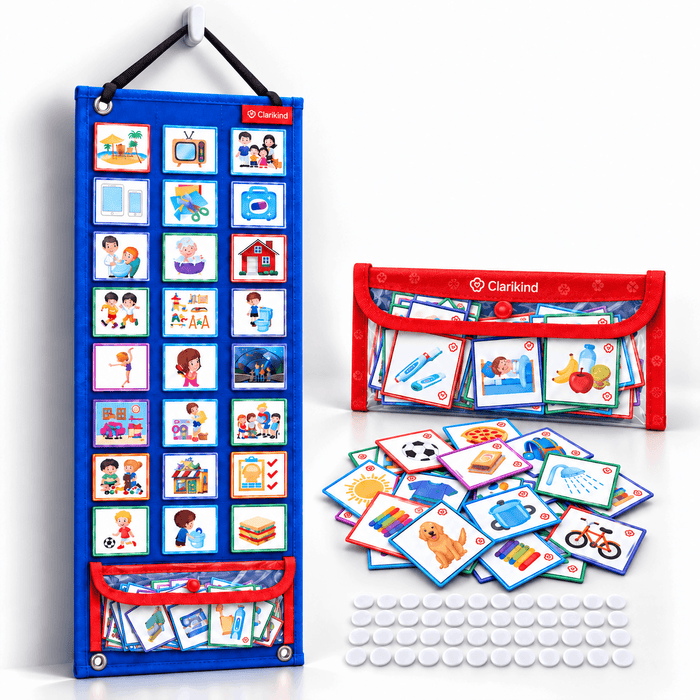 Visual timetable for kids: blue picture schedule board, routine cards and storage pouch on white background