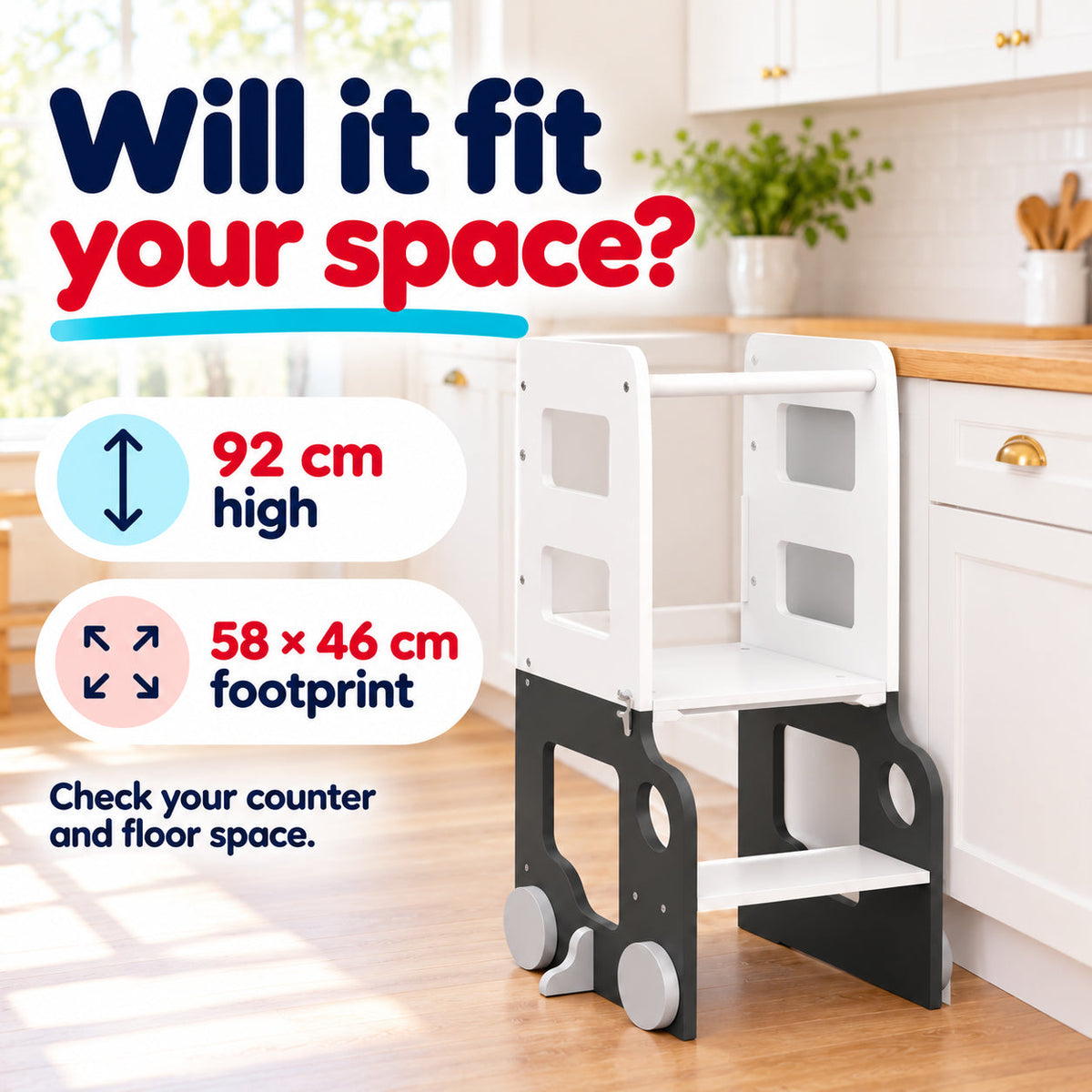 White and charcoal learning tower measuring 92 cm high with 58 by 46 cm footprint