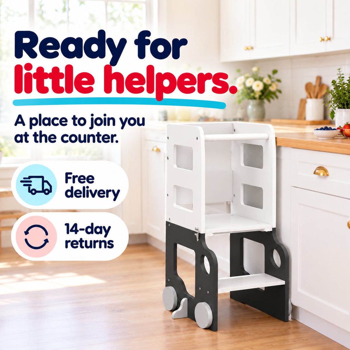 White and charcoal learning tower with free delivery and 14-day returns