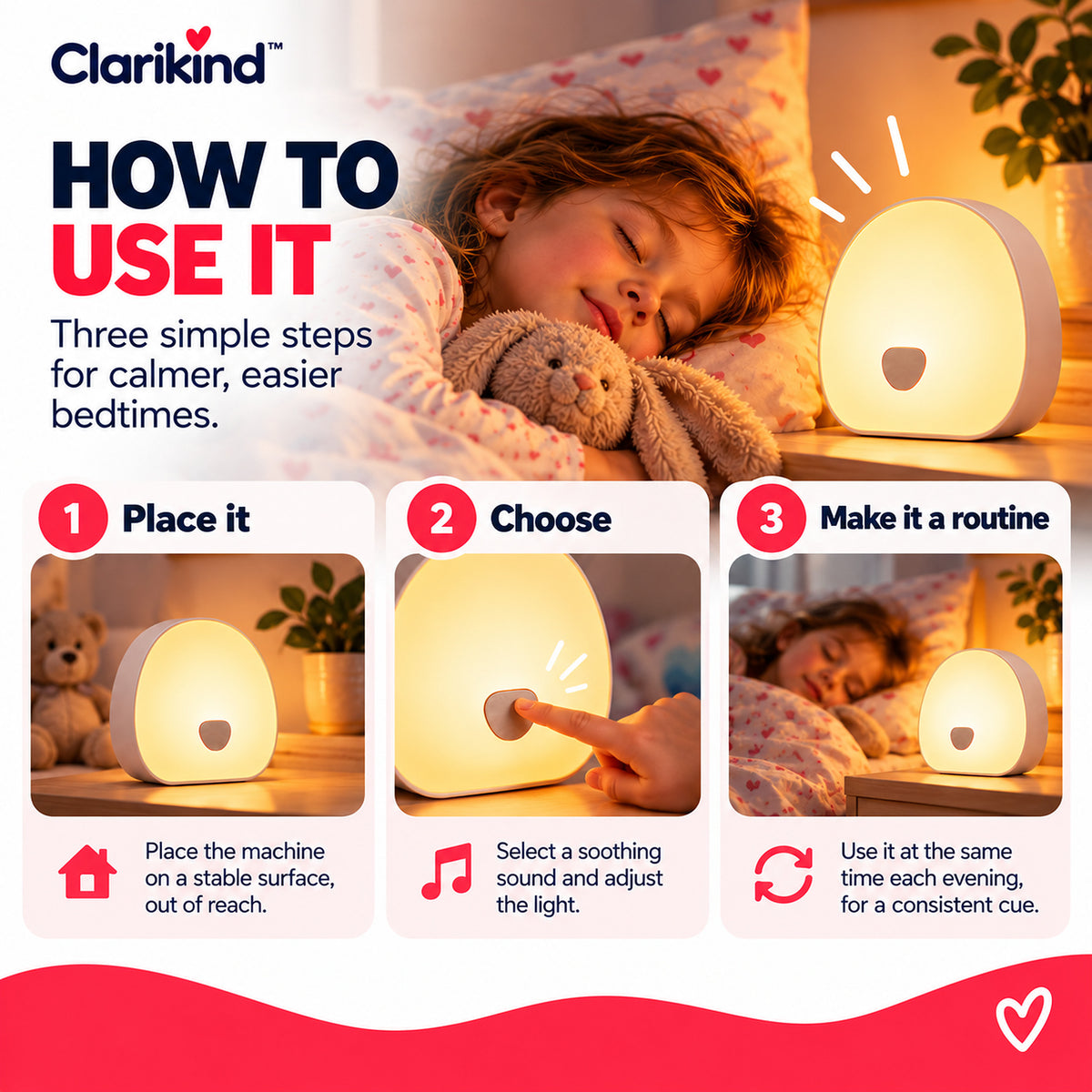 Three bedtime routine steps: place out of reach, start gently and use the cue consistently