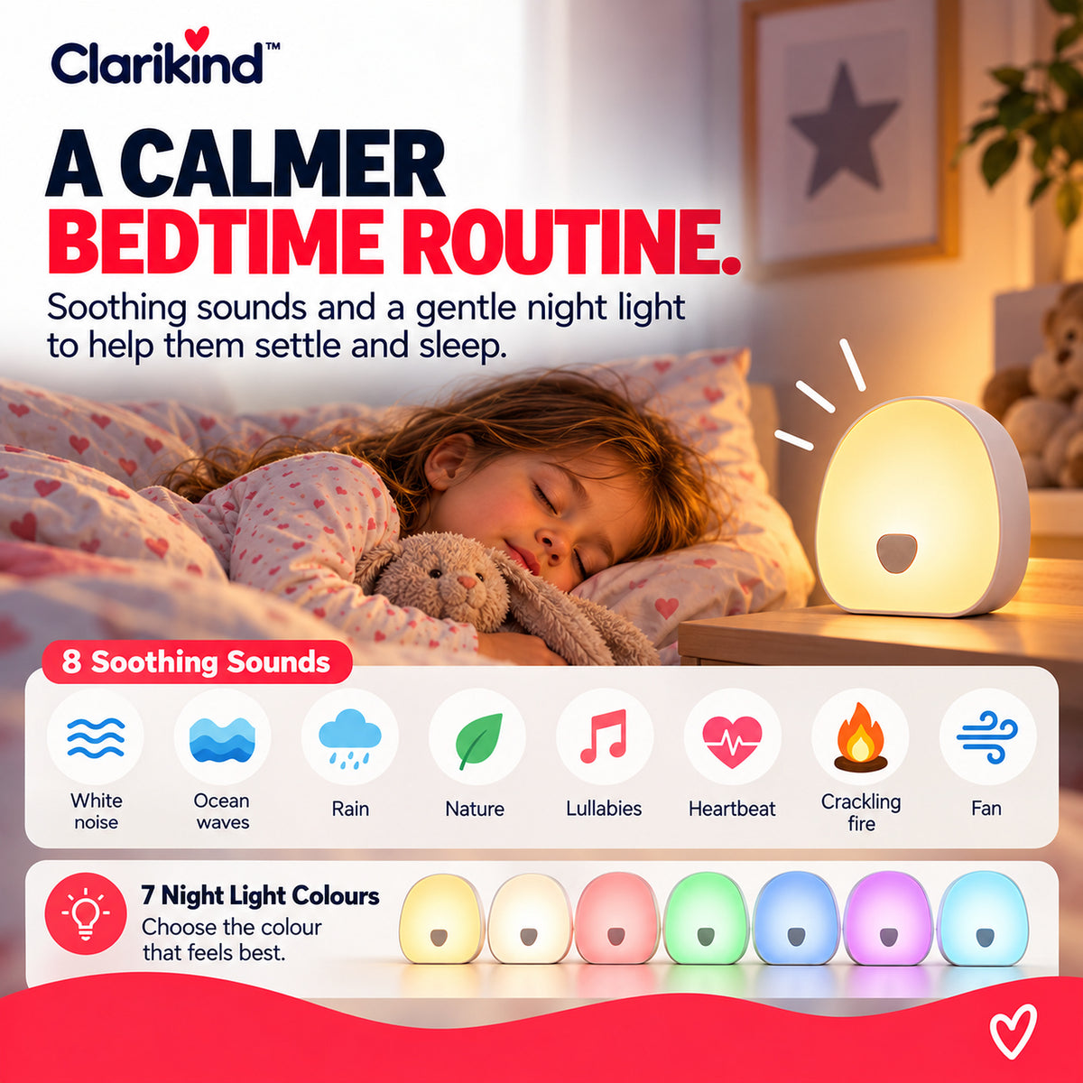 White noise machine with illustrated sound choices and adjustable night-light options