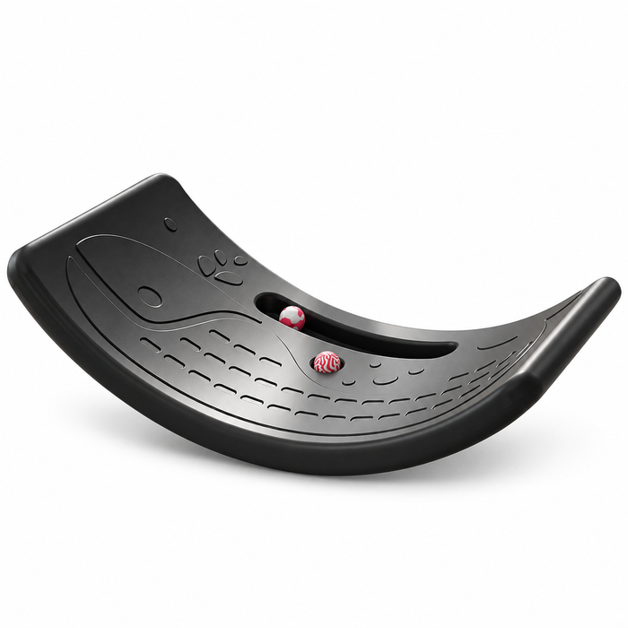 Black wobble balance board with ball on a white background