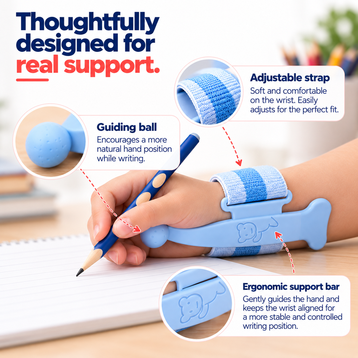 Clarikind Writing Wrist Guide showing the adjustable strap guiding ball and support bar