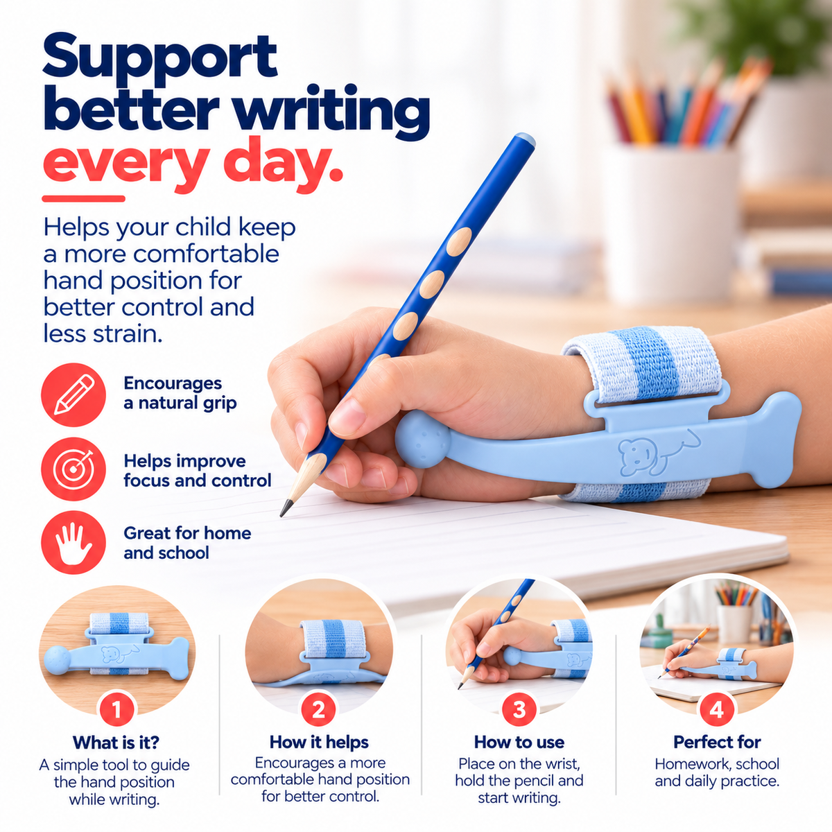 Clarikind Writing Wrist Guide shown in use to provide a physical reference for the writing hand